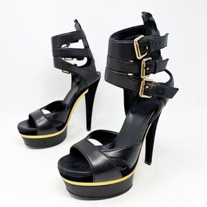 Gucci Iman Platform Sandal Heels Size 38 Black Leather Gold Buckle